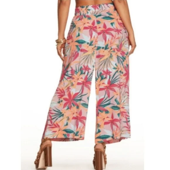 Jessica Simpson Pink Floral Wide Leg Cropped Pants Sz L ResortWear Lagenlook - Picture 3 of 10